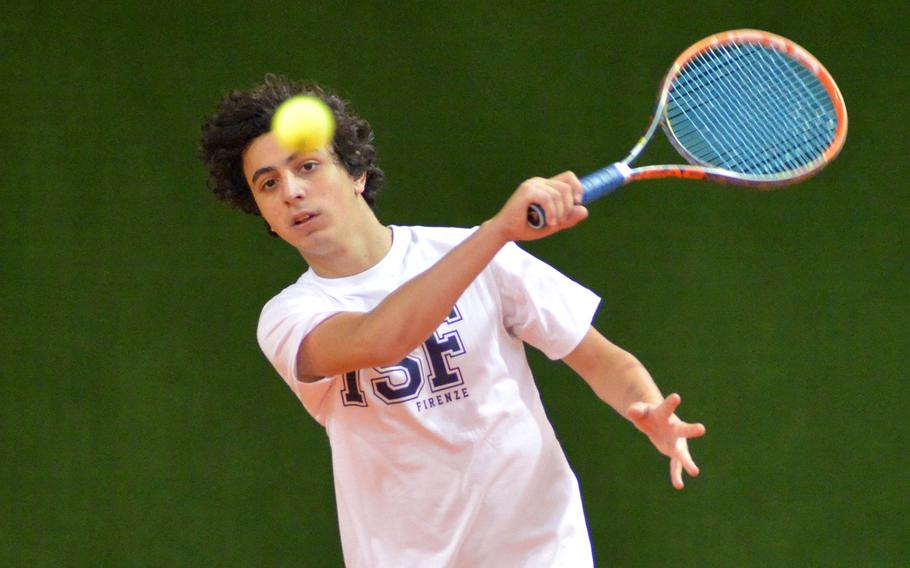 Florence's Francesco Londono returns a shot in his 6-0, 6-1 win over Vilseck's Robert Valdez in opening day action at the DODEA-Europe tennis championships in Wiesbaden, Germany, Thursday, Oct. 27, 2016. 