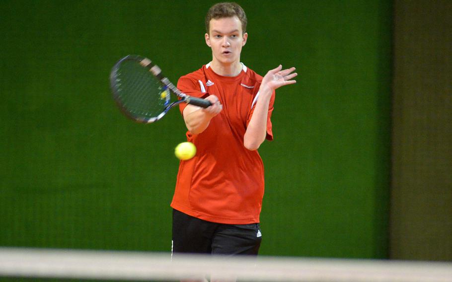 Kaiserslautern's Henri Butler returns a shot from Stuttgart's Bradley Russel in opening day action at the DODEA-Europe tennis championships in Wiesbaden, Germany, Thursday, Oct. 27, 2016.  Butler won 6-1, 6-2.