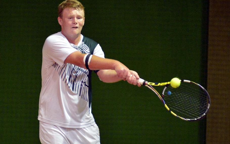 Naples' John Sullivan returns a shot by AOSR's Ting Lin in a fifth round match at the DODEA-Europe tennis championships in Wiesbaden, Germany, Friday, Oct. 28, 2016. Lin won the match 6-1, 6-0
