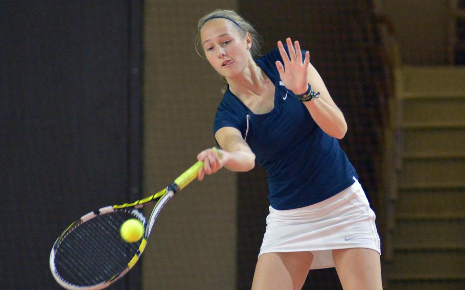 Emilie God of ISB returns a shot in her match against AOSR's Camilla Lynch at the DODEA-Europe tennis championships in Hochheim, Germany, Friday, Oct. 28, 2016. Lynch won 7-5, 2-6,10-5.