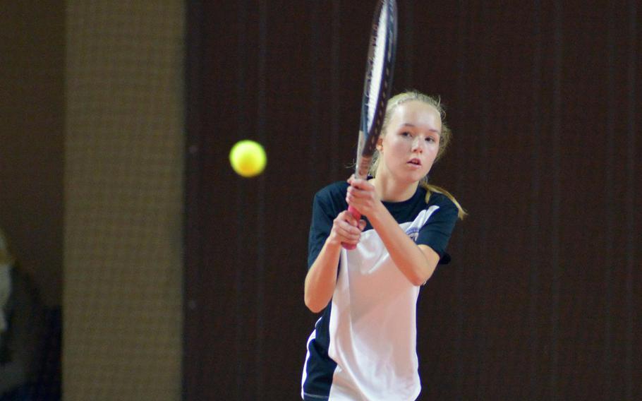 Anne Buzzard of Hohenfels returns a shot from Naples' Autumn Haughenbury in her 7-6, 6-2 win at the DODEA-Europe tennis championships in Hochheim, Germany, Friday, Oct. 28, 2016. 