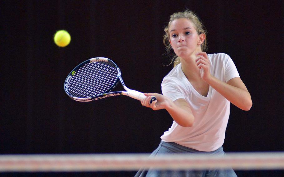 Stuttgart's Kendall Smith returns a shot at the net in her match against Ramstein's Cami Carswell at the DODEA-Europe tennis championships in Hochheim, Germany, Friday, Oct. 28, 2016. Carswell won 4-6, 6-0, 10-6. 