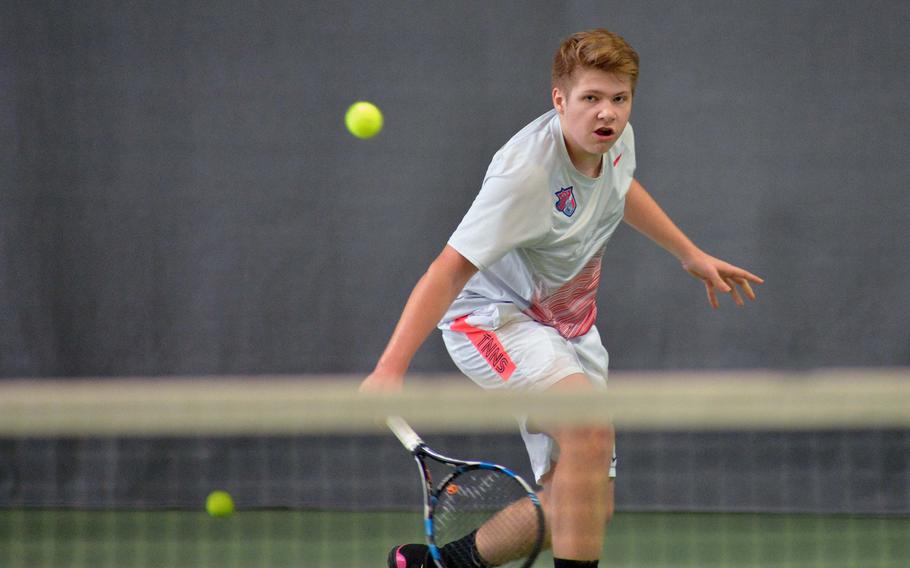 ISB's Felix Selvik returns a shot from Marymount's Mathias Mingazzini in a semifinal match at the DODEA-Europe tennis championships in Wiesbaden, Germany, Friday, Oct. 28, 2016. Mingazzini won 6-0, 6-2.