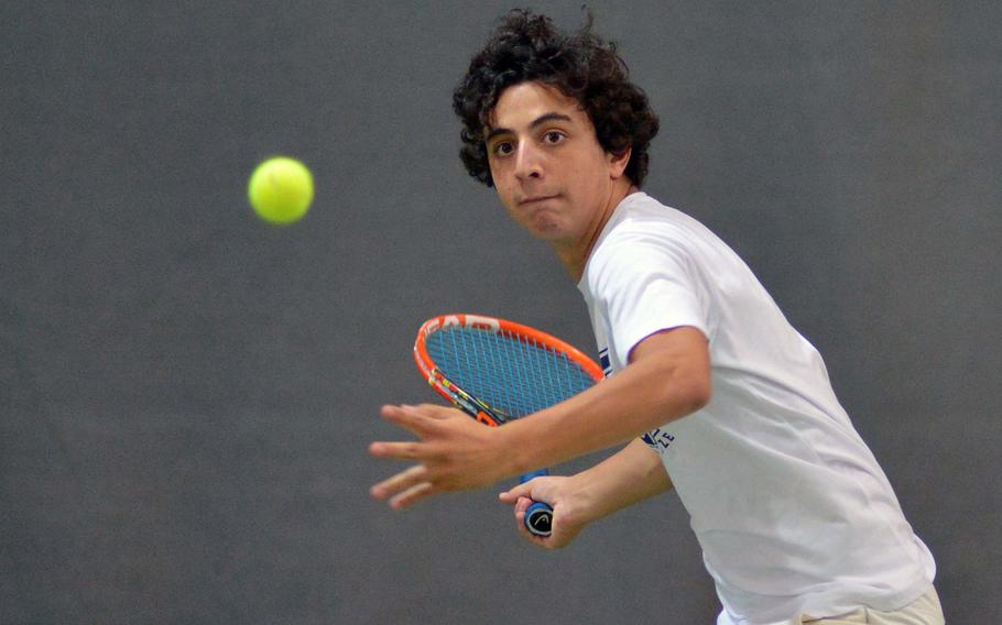 Florence's Francesco Londono anticipates a shot from AOSR's Ting Lin at the DODEA-Europe tennis championships in Wiesbaden, Germany, Friday, Oct. 28, 2016. Londono won the match 6-3, 6-2, to advance to Saturday's final.