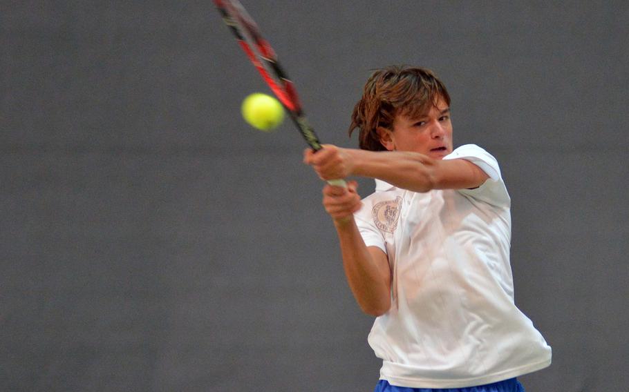 Marymount's Mathias Mingazzini defeated ISB's Felix Selvik 6-0, 6-1 in a boys semifinal at the DODEA-Europe tennis championships in Wiesbaden, Germany, Friday, Oct. 28, 2016 to advance to Saturday's championship match.