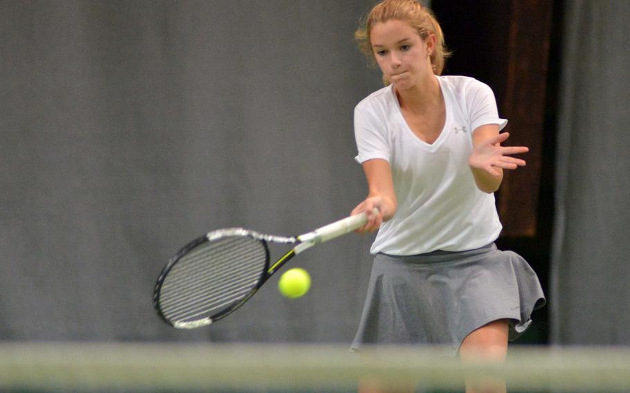 Stuttgart's Kendall Smith returns a shot by AOSR's Kaya Rand in a girls singles semifinal at the DODEA-Europe tennis championships in Wiesbaden, Germany, Friday, Oct. 28, 2016. Rand won the match 6-1, 6-1.