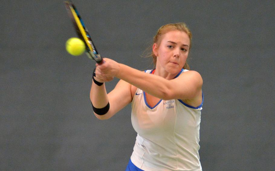 Ramstein's Cami Carswell returns a shot from Vicenza's Kiki Sibilla in a girls singles semifinal at the DODEA-Europe tennis championships in Wiesbaden, Germany, Friday, Oct. 28, 2016. Sibilla won 6-0, 6-1.