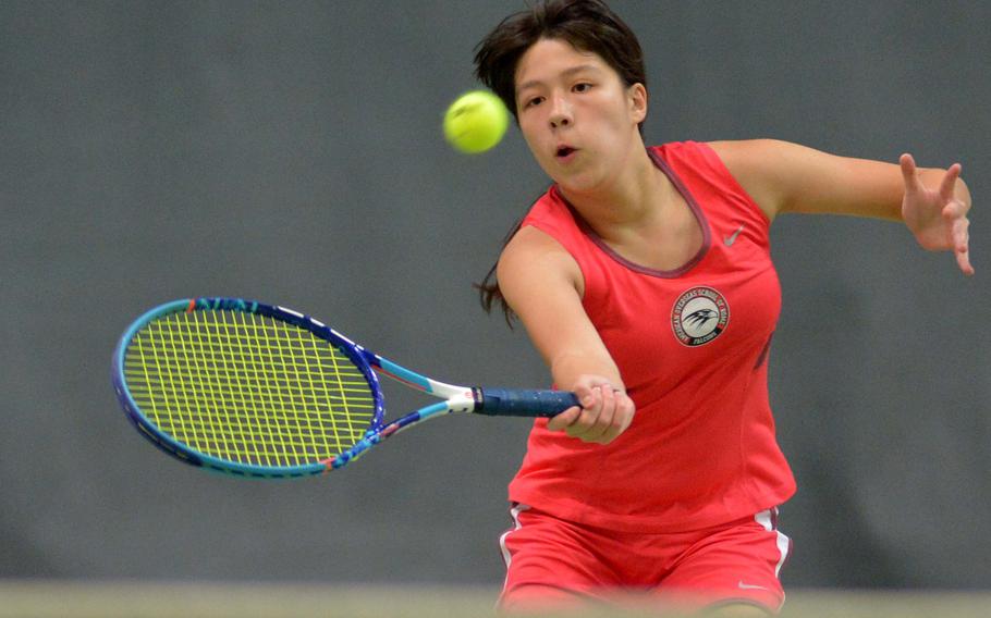 AOSR's Kaya Rand keeps her eyes on the ball as she returns a shot from Stuttgart's Kendall Smith in a girls singles semifinal at the DODEA-Europe tennis championships in Wiesbaden, Germany, Friday, Oct. 28, 2016. Rand won 6-1, 6-1 to advance to Saturday's final against Vicenza's Kiki Sibilla.