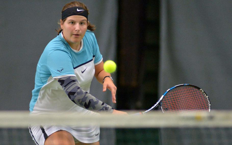Vicenza's Kiki Sibilla returns a shot by Ramstein's Cami Carswell in a girls singles semifinal at the DODEA-Europe tennis championships in Wiesbaden, Germany, Friday, Oct. 28, 2016. Sibilla won 6-0, 6-1 to advance to Saturday's final against AOSR's Kaya Rand.