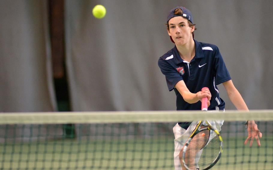 International School of Brussels' Victor della Faille returns a shot in the boys doubles final at the DODEA-Europe tennis championships in Wiesbaden, Germany, Saturday Oct. 29, 2016. He and teammate Yuki Takeuchi took the title, defeating Ramstein's Ben Mouritsen and Grady Gallagher 6-3, 7-5.