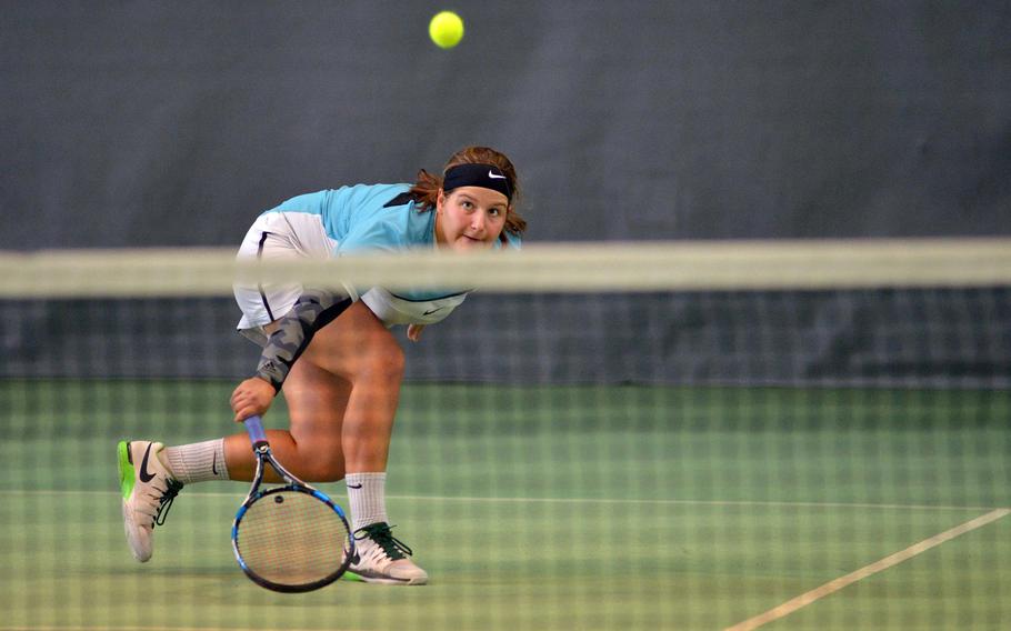 Vicenza's Kiki Sibilla returns a shot by AOSR's Kaya Rand in the girls singles final at the DODEA-Europe tennis championships in Wiesbaden, Germany, Saturday Oct. 29, 2016. Rand won the match 3-6, 6-4, 6-1, to take the title.