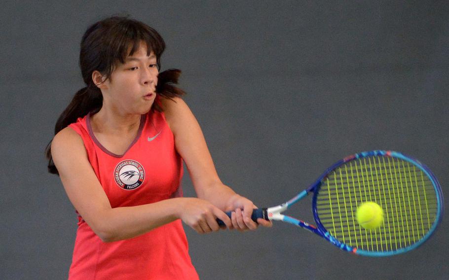 American Overseas School of Rome's Kaya Rand returns a shot on her way to capturing the girls singles title at the DODEA-Europe tennis championships in Wiesbaden, Germany, Saturday Oct. 29, 2016. Rand defeated Vicenza's Kiki Sibilla 3-6, 6-4, 6-1.