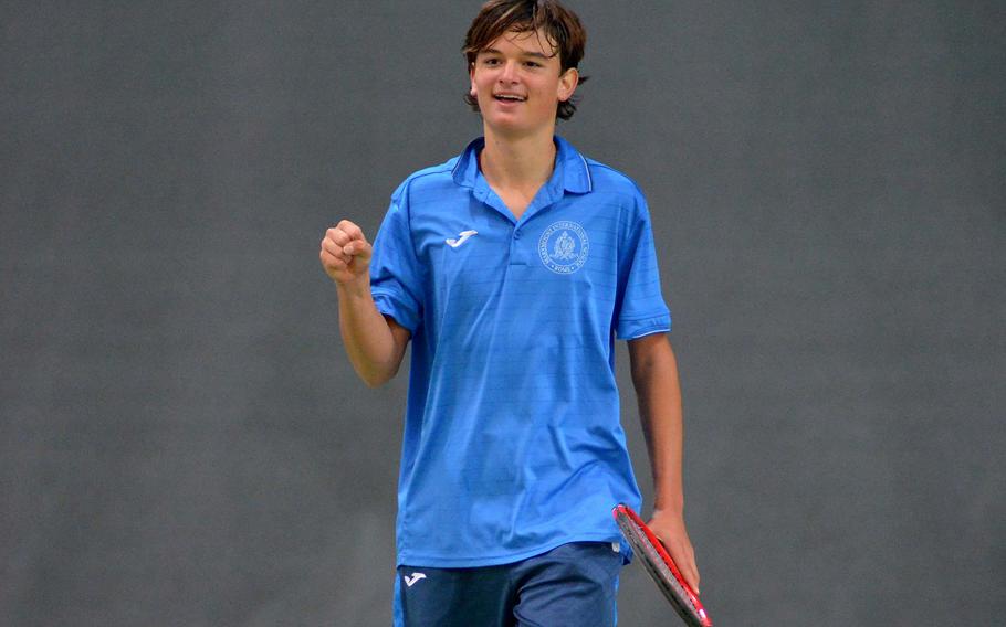 Marymount's Mathias Mingazzini celebrates his 6-1, 6-4 win over Florence's Francesco Londono in the boys singles final at the DODEA-Europe tennis championships in Wiesbaden, Germany, Saturday Oct. 29, 2016.