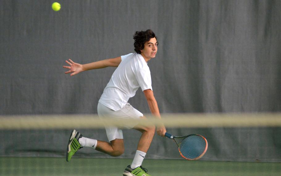 Florence's Francesco Londono returns a shot by Marymount's Mathias Mingazzini in the boys singles final  at the DODEA-Europe tennis championships in Wiesbaden, Germany, Saturday Oct. 29, 2016. Mingazzini won the match 6-1, 6-4.