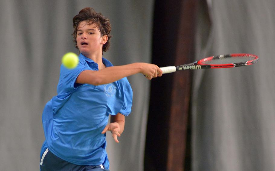 Marymount's Mathias Mingazzini returns a shot from Florence's Francesco Londono in the boys final at the DODEA-Europe tennis championships in Wiesbaden, Germany, Saturday Oct. 29, 2016. Mingazzini took the title with a 6-1, 6-4 win.
