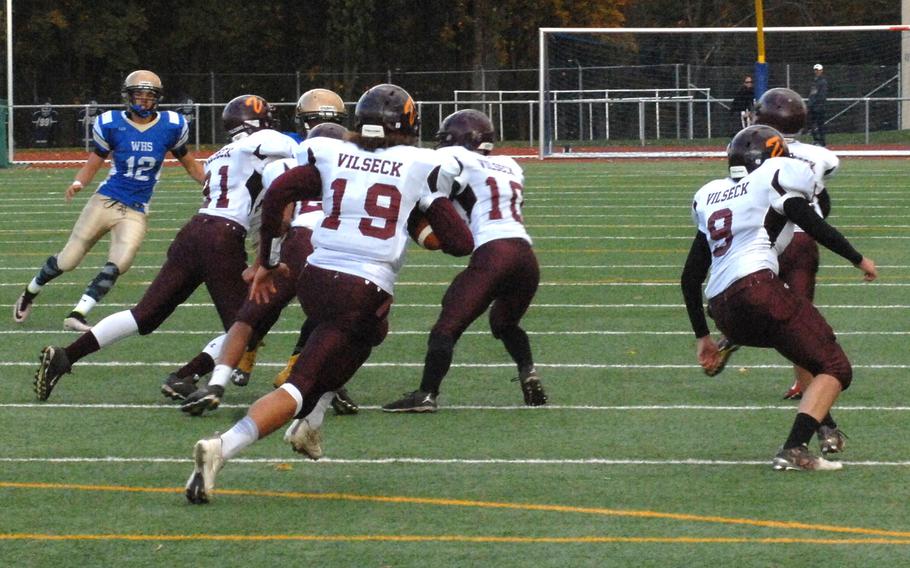 Vilseck's Zavier Scott returns a kickoff into Wiesbaden coverage Saturday, Oct. 29, 2016, at Wiesbaden, Germany. Wiesbaden won 20-17 in overtime. 
