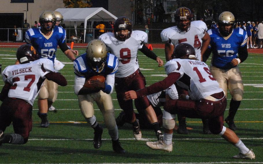 Wiesbaden running back Caleb Brown runs in for a first-half touchdown in the Warriors' 20-17 overtime victory over the Vilseck Falcons on Saturday, Oct. 29, 2016, at Wiesbaden, Germany. 
