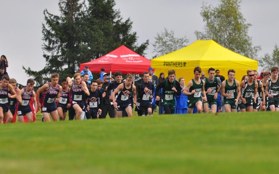 Runners take off at the beginning of the boys' race on Saturday at the 2016 DODEA European cross country championships in Baumholder, Germany. The 5-kilometer route on Baumholder's Army Golf Course is one of the more challenging courses the runners see all season because of its rolling hills and grassy, uneven terrain.