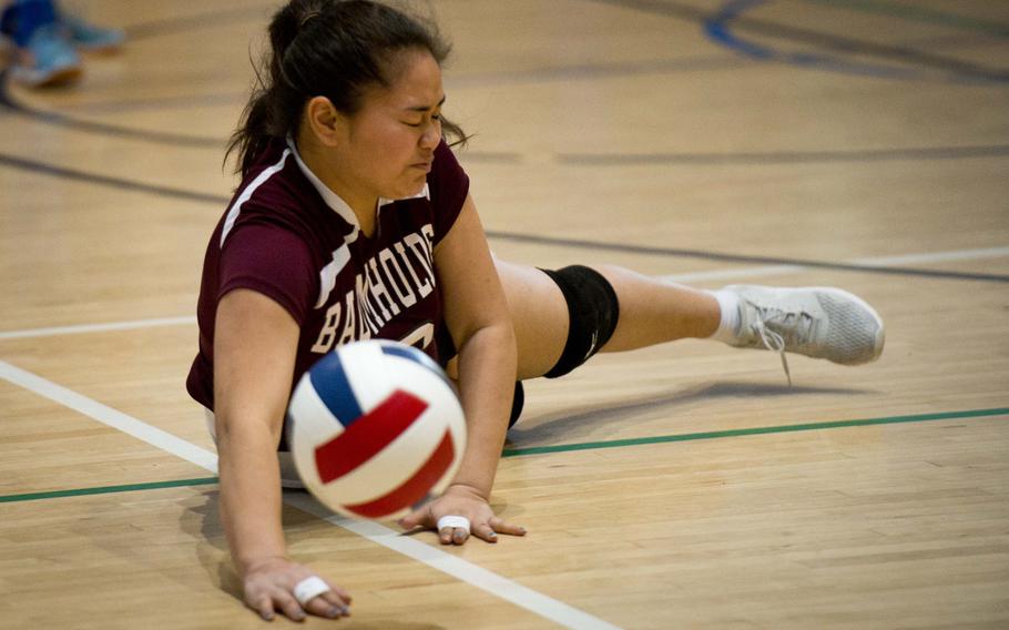 Baumholder's Kanani Bowling, dives for the ball at Ramstein Air Base, Germany, on Thursday, Nov. 3, 2016. Baumholder won its DODEA-Europe tournament matches against Brussels 25-12 and 26-24.