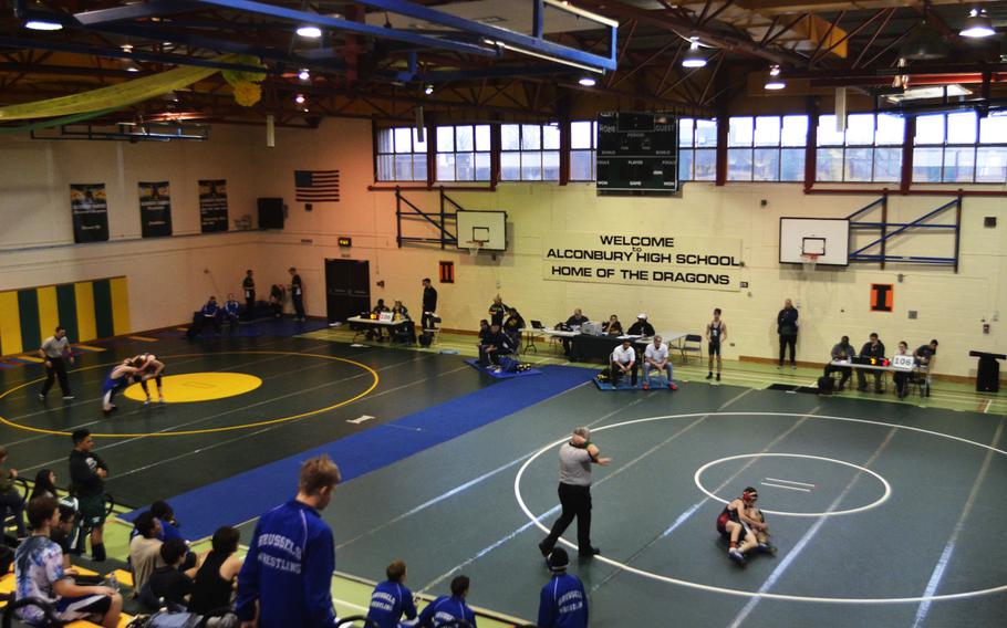 High schools wrestlers from Lakenheath, Brussels, AFNORTH and Alconbury compete during the first tournament of the season at RAF Alconbury, England, Saturday, Dec. 3, 2016. 