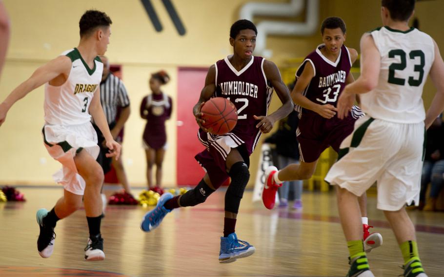 Baumholder's Nate Horton dribbles up the court in Baumholder, Germany, on Saturday, Dec. 10, 2016. Baumholder defeated Alconbury 61-36.