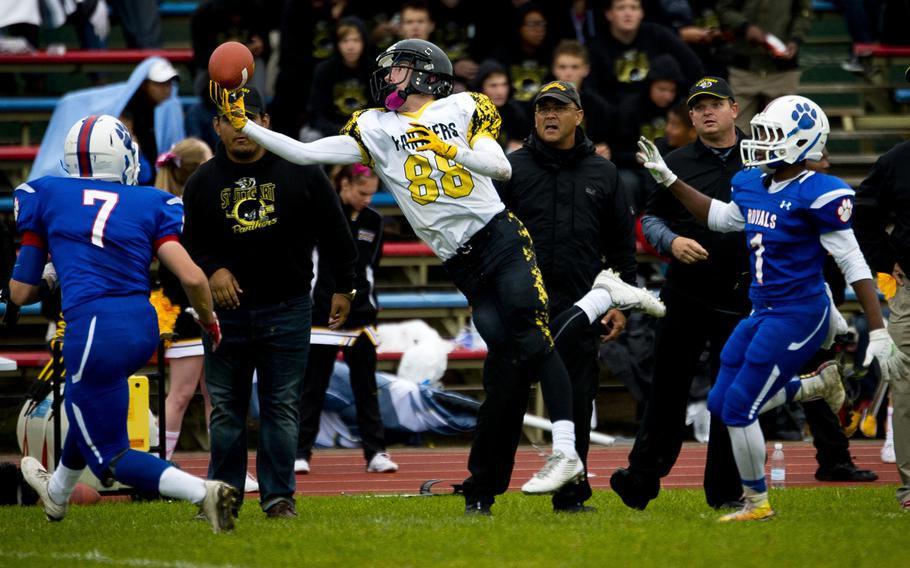Stuttgart's Sean Loeben jumps for a pass at Ramstein Air Base, Germany, on Saturday, Oct. 15, 2016. Stuttgart lost the game to Ramstein 29-0.