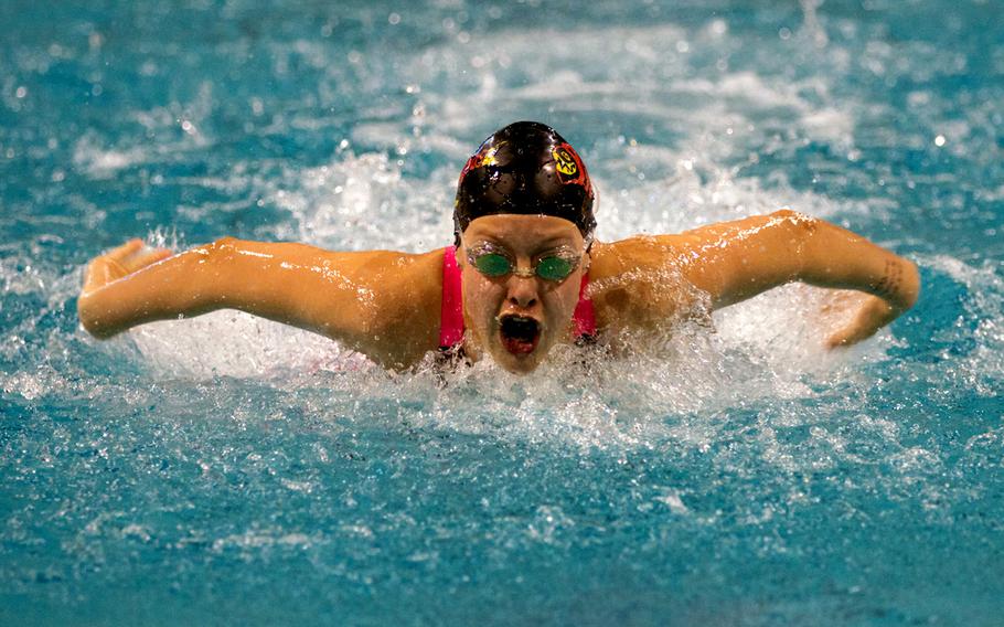 Stuttgart's returning champion swimmer, Ella Bathurst, set a new record in the girls 12-year-old 50 meter butterfly at the 2016 European Forces Swim League Championship held in Eindhoven, Netherlands, Feb. 27, 2016. Bathurst finished with a time of 0:31.59.