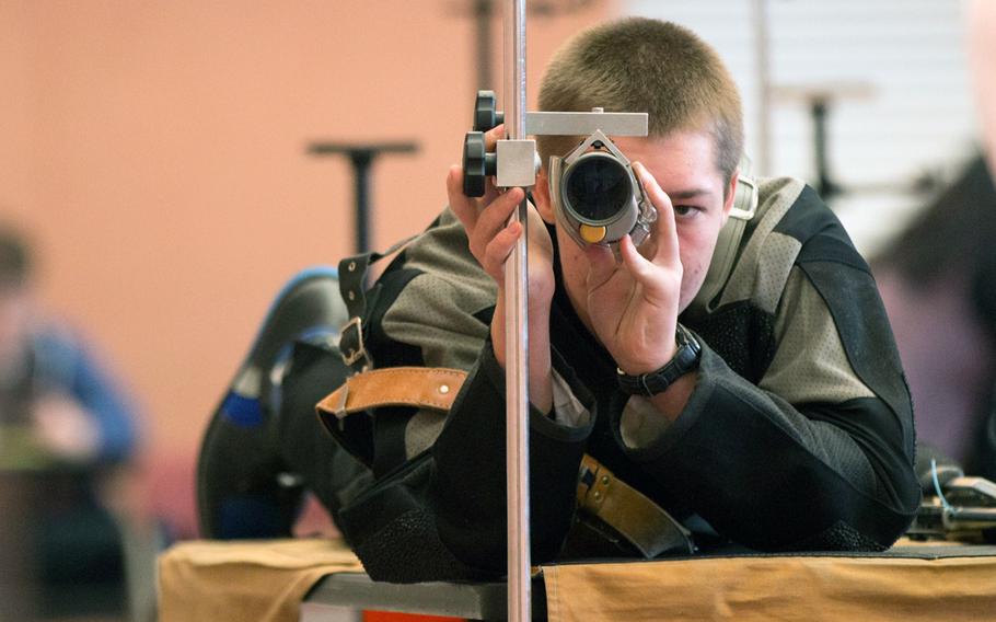 Kaiserslautern's Scott Wemhoff peers through his scope before taking up a firing position during the 2016 DODDS-Europe marksmanship finals held in Vilseck, Germany, Saturday, Jan. 30, 2016.