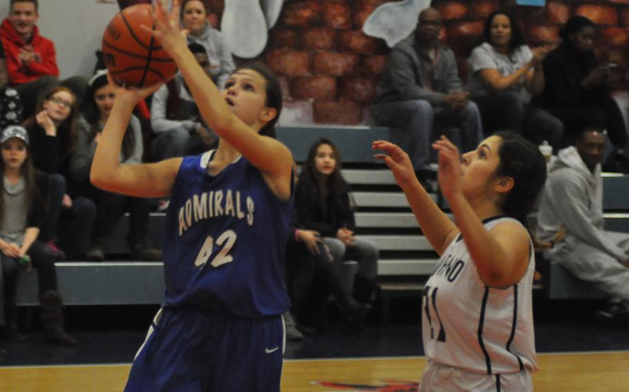 Rota's Sophia Restivo puts up a shot Thursday in the Admirals' 47-31 victory over Aviano.

