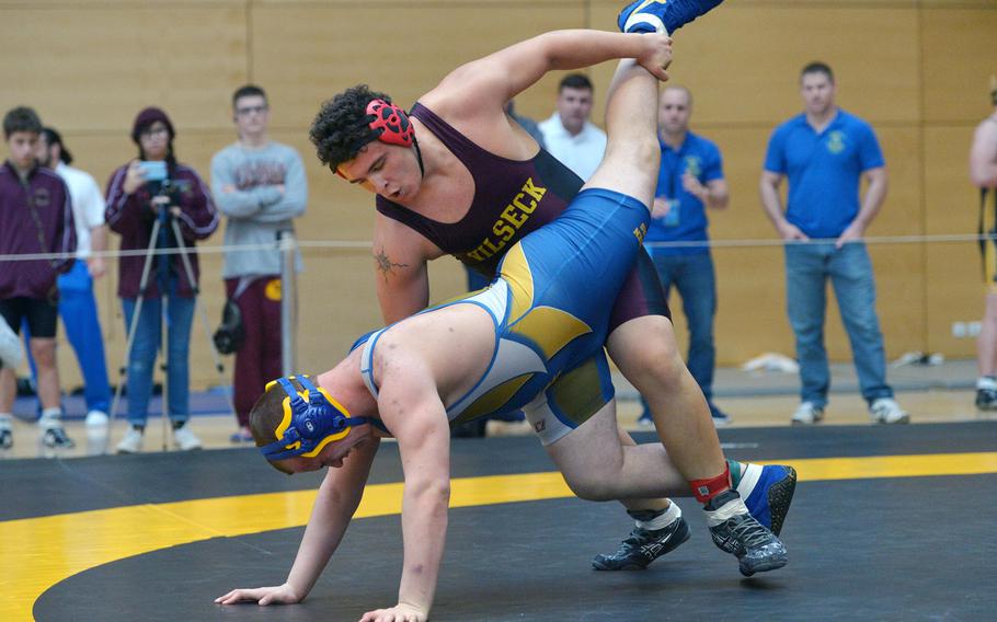 Vilseck's Juan Oestreich tried to upend Wiesbaden's Deven Holland in a 220-pound match at the DODEA-Europe wrestling championships in Wiesbaden, Germany, Friday, Feb. 17, 2017. Oestreich won the second-round match.

