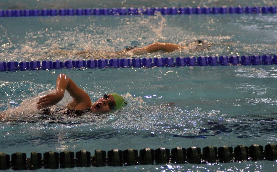 10-year-old Naples swimmer Alex Markvart takes a breath during the girls 200-meter freestyle at the European Forces Swim League championships in Eindhoven, Netherlands, Saturday, Feb. 25, 2017.