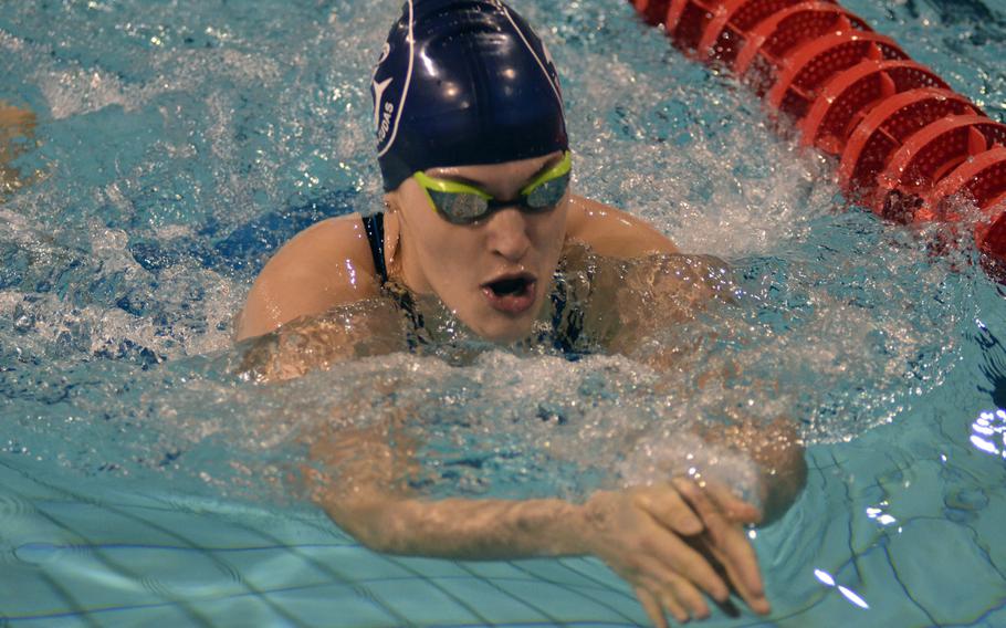 Naples swimmer Corinne Millis fights for first-place during the girls 15-16 age group 100-meter breaststroke at the European Forces Swim League championships in Eindhoven, Netherlands, Saturday, Feb. 25, 2017.