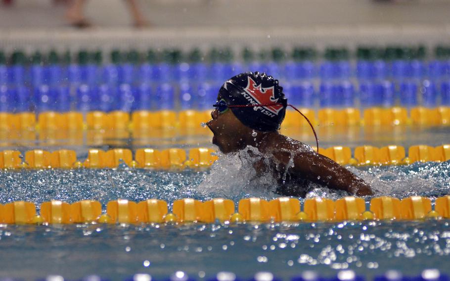 Kaiserslautern swimmer Leon Pierre-Louis takes a breath during the boys age 8-under 50-meter butterfly at the European Forces Swim League championships in Eindhoven, Netherlands, Saturday, Feb. 25, 2017. 