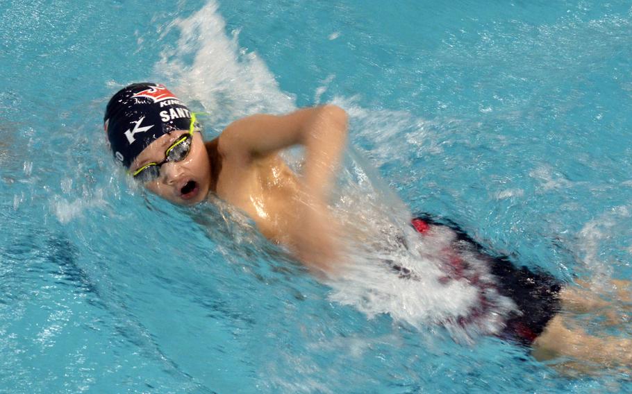Kingfish swimmer Sebastian Santiago fights for first place during the 10-year-old boys 100-meter individual medley at the European Forces Swim League championships in Eindhoven, Netherlands, Saturday, Feb. 25, 2017.