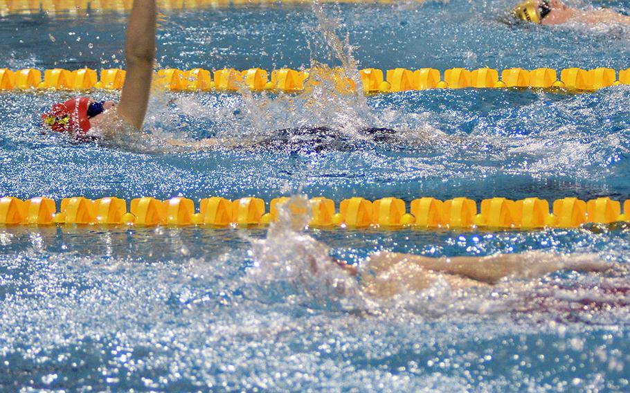 Stuttgart's Dane Bathurst pulls ahead of the competition during the 9-year-old boys 50 meter backstroke during the final day of the annual European Forces Swim League championships in Eindhoven, Netherlands, Sunday, Feb. 26, 2017. Stuttgart walked away with a combined medal count of 96 with 37 gold, 37 silver and 22 bronze.