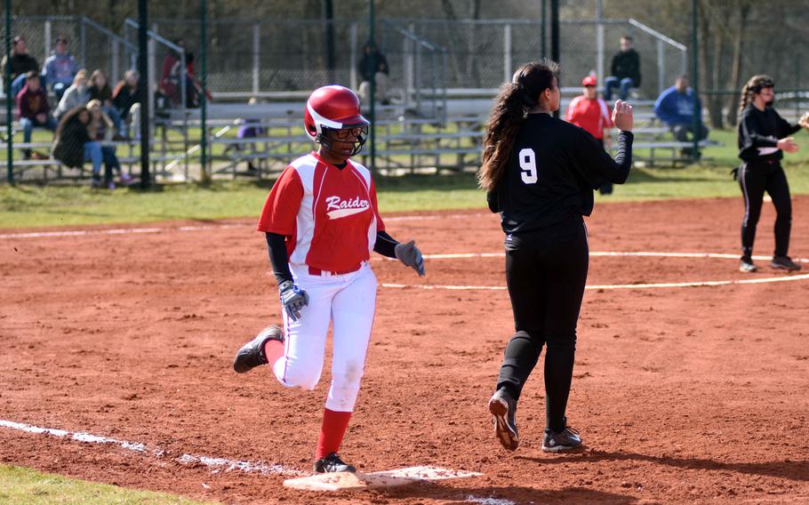 Kaela Bedford of Kaiserslautern reaches first base during a game against Vilseck on Saturday, March 25, 2017.