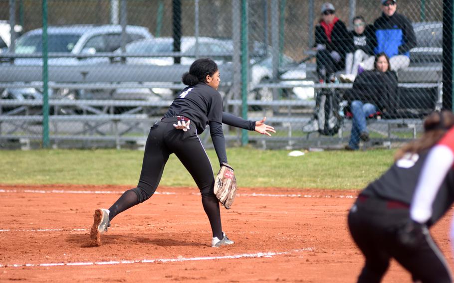 Vilseck pitcher Crystal Morris delivers a pitch during a game against Kaiserslautern on Saturday, March 25, 2017.