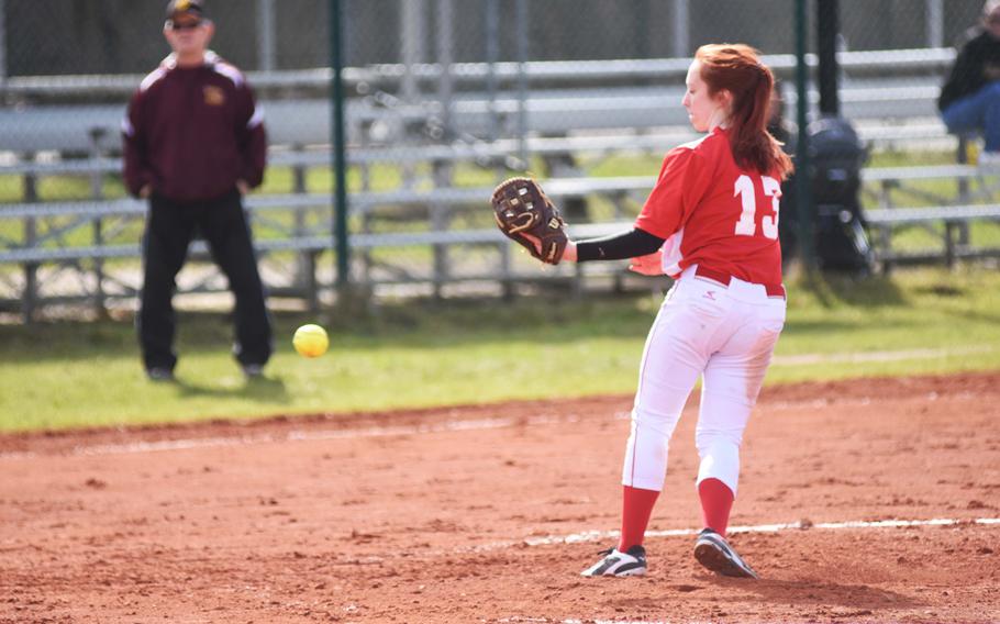 Kaiserslautern pitcher Phoenix Whisennand throws the ball during a game against Vilseck on Saturday, March 25, 2017.