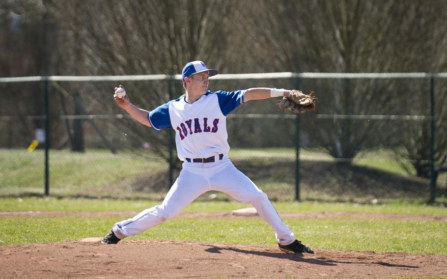 Ramstein's Aaron Schlosser pitches the ball during a doubleheader at Ramstein Air Base, Germany, on Thursday, March 30, 2017.
