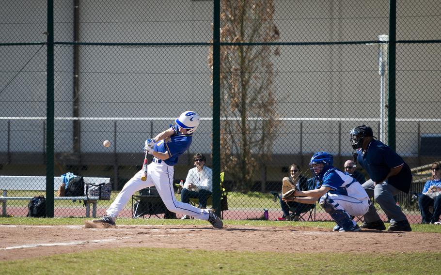 Wiesbaden's Finn Swafford takes a swing during a doubleheader at Ramstein Air Base, Germany, on Thursday, March 30, 2017. Wiesbaden defeated Ramstein 4-1 in the first game, but lost the second game 13-3.
