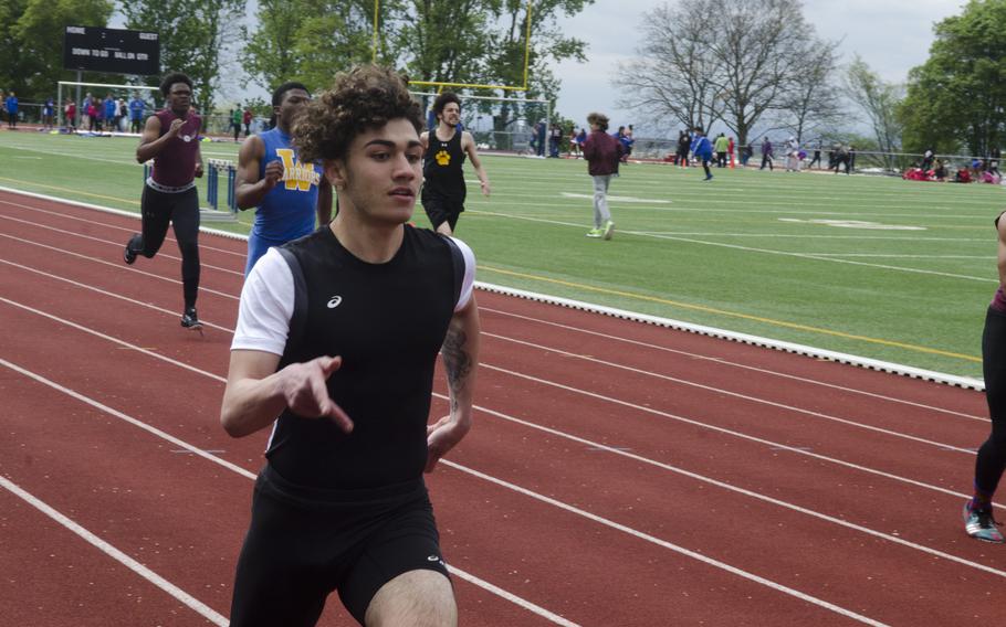 Mazen Youness of Kaiserslautern nears the finish line of the 200-meter dash at a seven-team meet Saturday, April 15 in Wiesbaden, Germany. Youness finished third overall in the event, posting a time of 24.83.