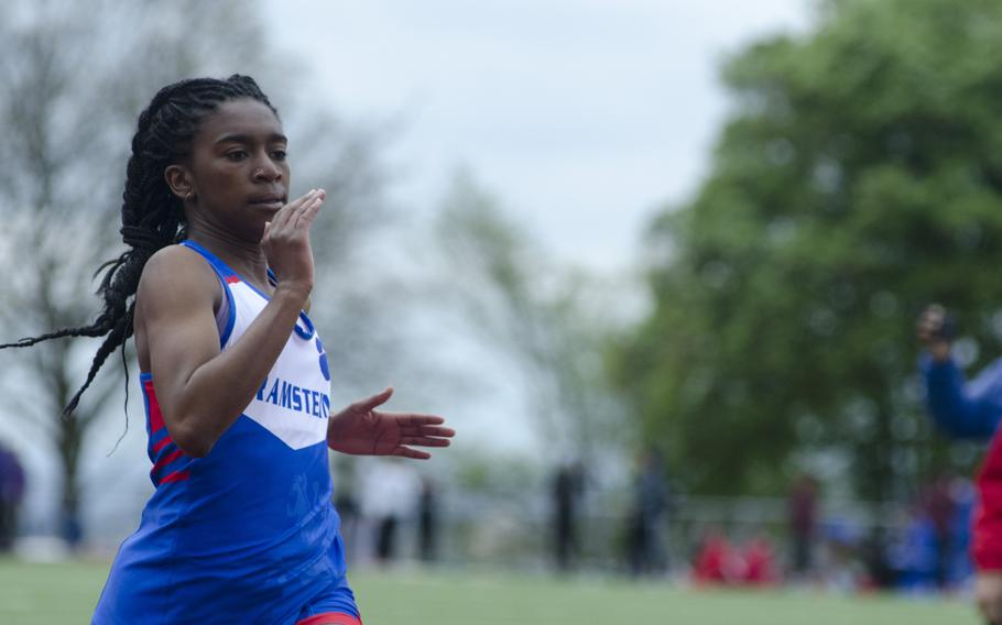 Yhari Dupree of Ramstein moves toward the finish line of the 200-meter dash at a seven-team meet Saturday, April 15 in Wiesbaden, Germany. Dupree won the event with a time of 27.21, nearly a second faster than second-place Skye Morton of Kaiserslautern.