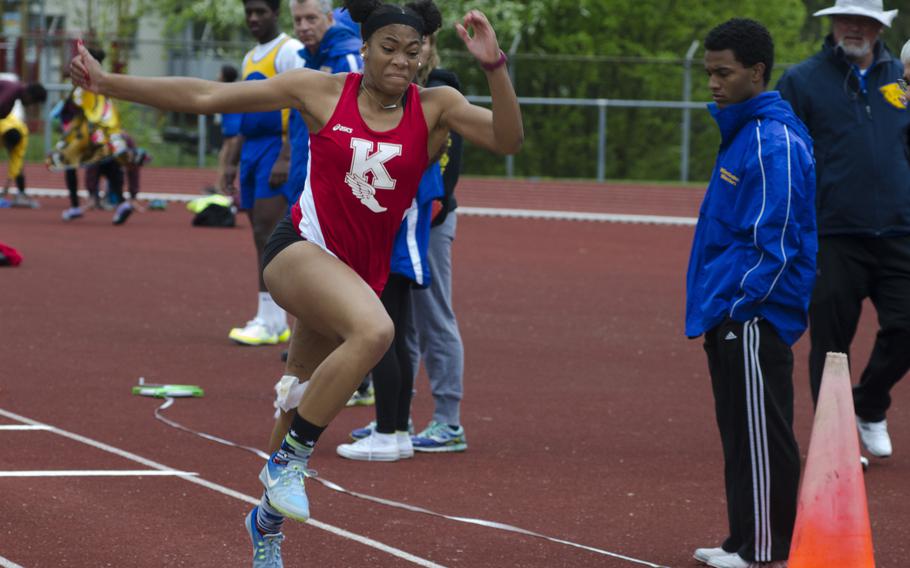 Jada Branch of Kaiserslautern competes in the triple jump event at a seven-team meet Saturday, April 15 in Wiesbaden, Germany. Branch took first in the triple jump, long jump, 100-meter dash and 100-meter hurdles.