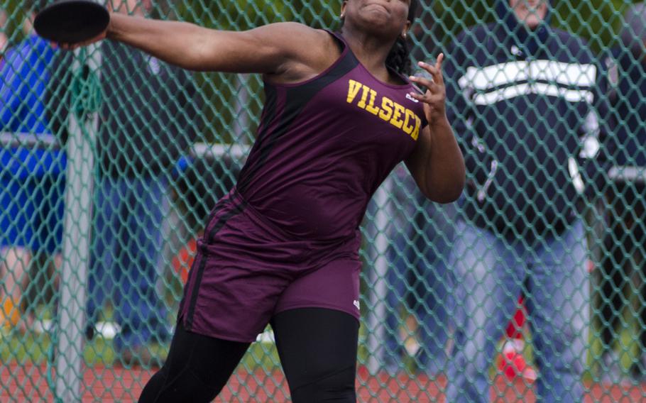 Michaela Nixon of Vilseck lets fly with the discus at a seven-team meet Saturday, April 15 in Wiesbaden, Germany. Nixon took second in the event with a best throw of 73 feet, 10 inches.