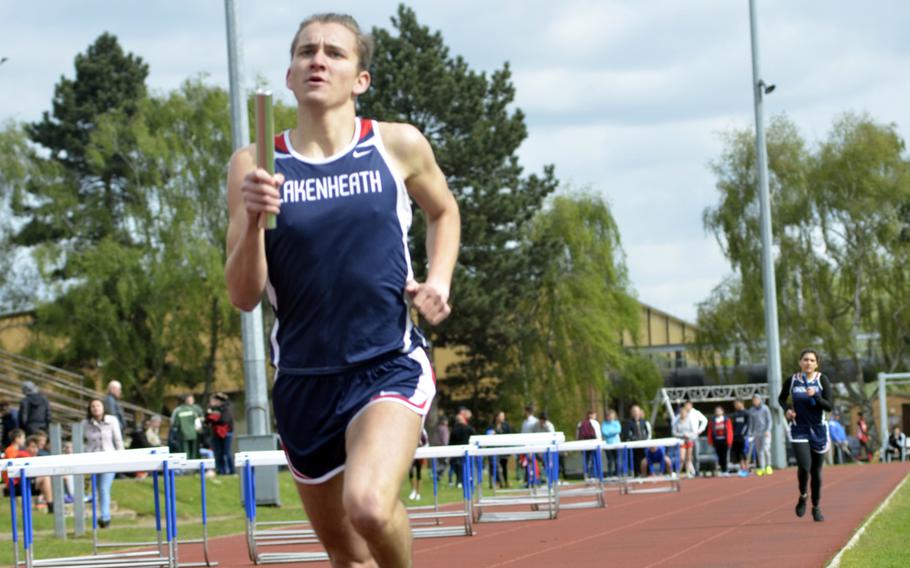 Lakenheath runner Austin Burt sprints to finish the 3,200 meter relay event at the opening track and field meet of the season at RAF Lakenheath, England, Saturday, April 15, 2017.