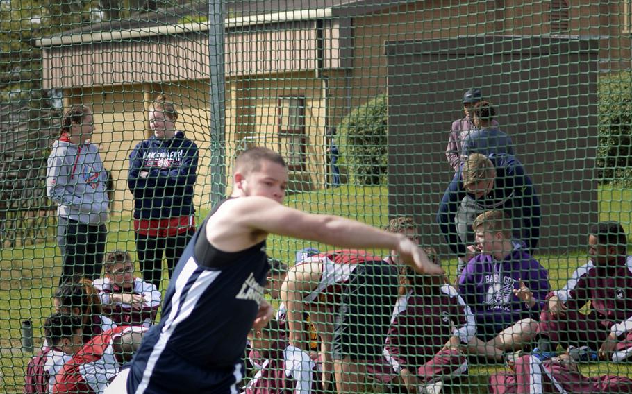 Lakenheath's Peyton Wilson throws a shot put 30 feet, 2 inches during the opening track and field meet of the season at RAF Lakenheath, England, Saturday, April 15, 2017. Yorel Smalls from Baumholder ended up earning first place by throwing a shot put 35 feet, 7 inches.
