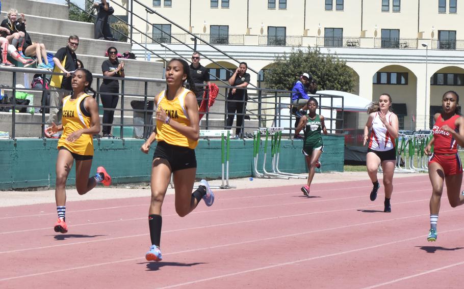 Vicenza's Brandy James, 16, wins the 200 meter-race during a track meet at the Navy Support Site in Gricignano, Italy on Saturday, April 29, 2017. James won all four races she entered. 