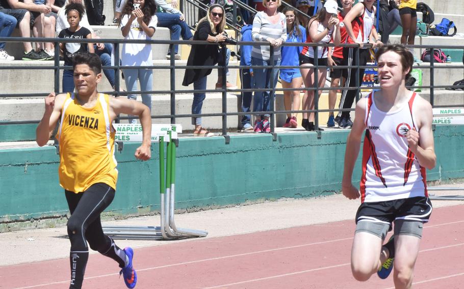 AOSR's Carson Basnight, right, edges past Vicenza's Christian Gonzales-Vega for second place during a Saturday, April 29, 2017 track meet at the Navy Support Site in Gricignano, Italy. 