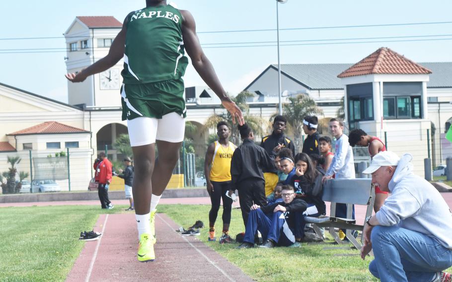 Wildcat Ashton Jeanty, 13, leaps 19 feet, 2 inches for a second- place finish in the long jump Saturday, April 29, 2017 during a track meet at the Navy Support Site in Grigicnano di Aversa, Italy. 