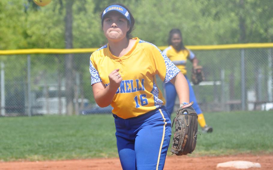 Sigonella sophomore pitcher Michelle Rodriguez tosses the ball toward home in the Jaguars' 12-8 loss to Aviano in the second game of a Saturday doubleheader.